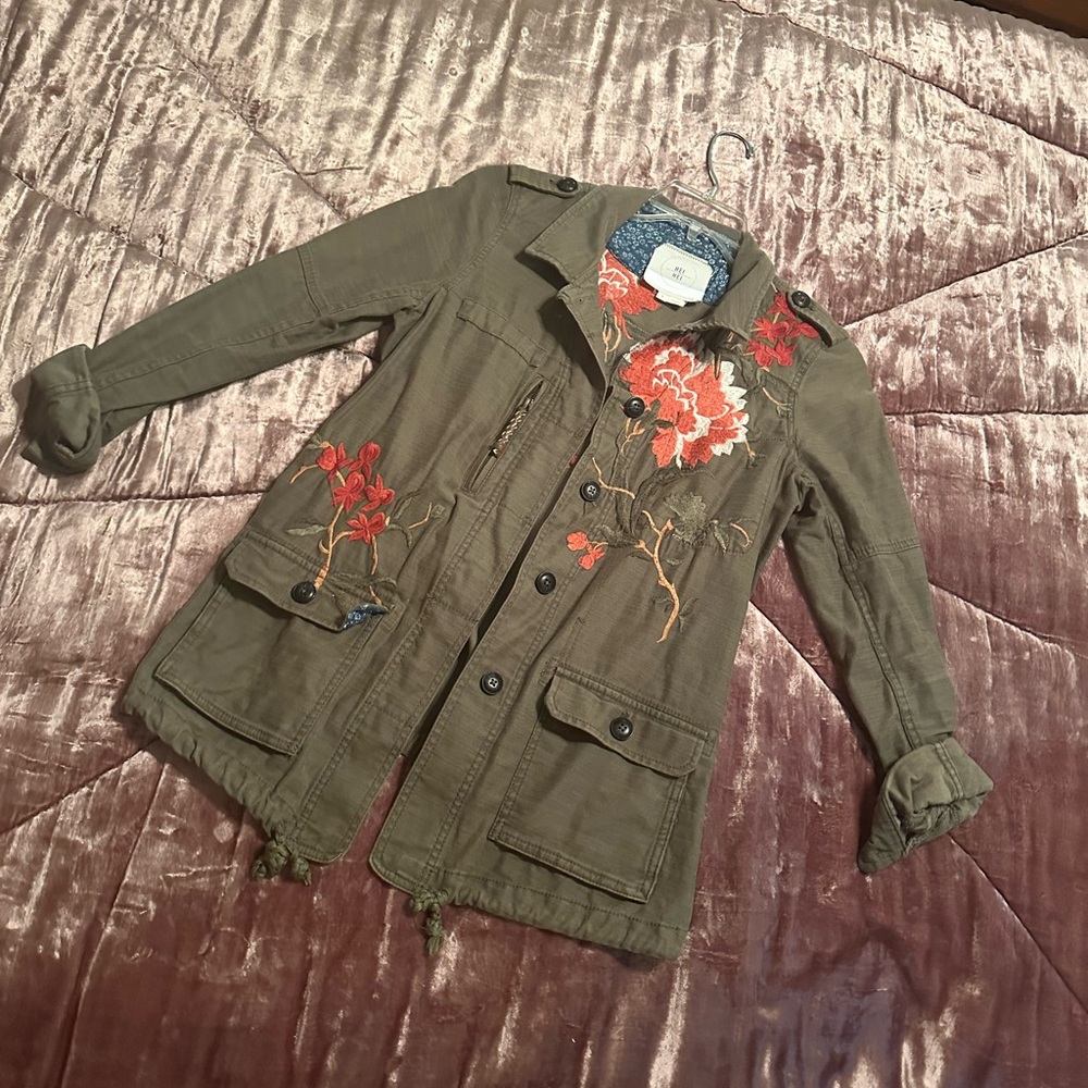 Anthropologie Embroidered Olive Green Jacket